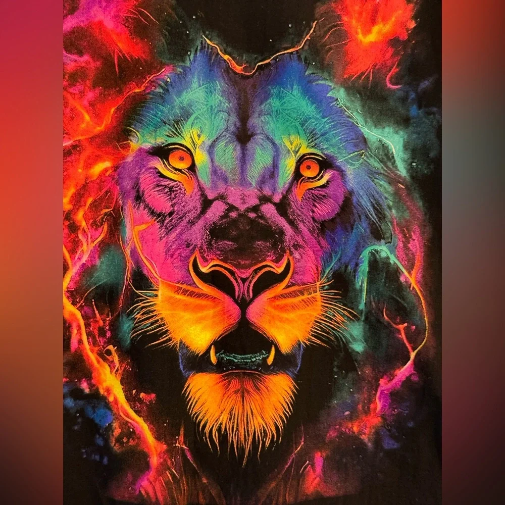Unisex Codigo Cotton Black Psychedelic Neon Graphic Lion T Shirt‎ Sz XG